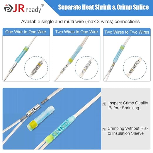 JRready ST6385-16-50 MiniSeal Crimp Splice 50Sets Blue Butt Splice Connectors 20-16 AWG (M81824/1-2) Wire-to-Wire Heat Shrink Butt Connector with Alternative Temp. PVDF/PE Tubes