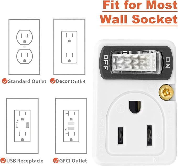 SYCON Adapter Outlet Extender with Night Light, Wall Outlet with Switch on off, Outlet Splitter with 2 Outlets