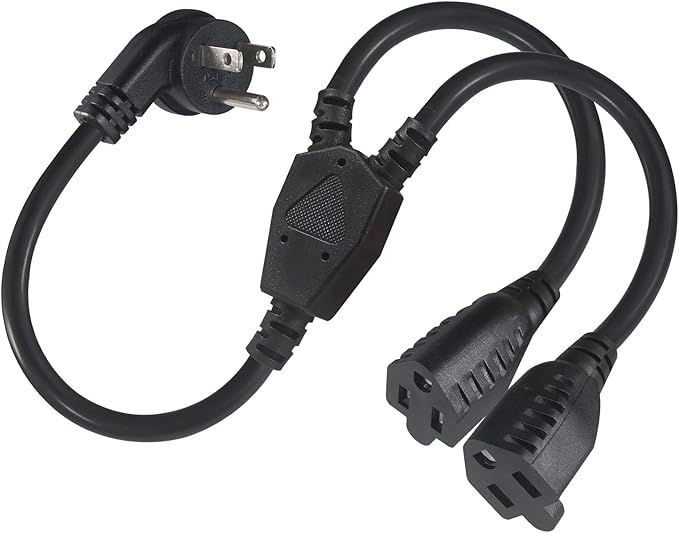 Power Extension Cord Y Splitter - 1FT Right Angled Type Flat Plug NEMA 5-15P 1 to 2 Way Outlet NEMA 5-15R SJT 16AWG 3 Prong Low Profile Black AC Power Cable Wire Extender for TV Computer Monitor