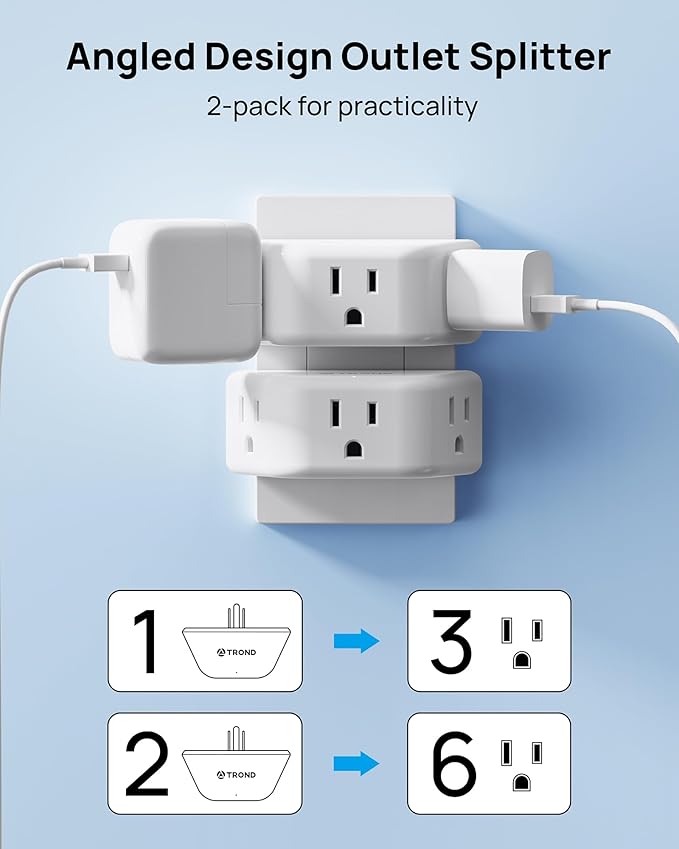 TROND Multi Plug Outlet Extender 2 Pack - Electrical Wall Splitter, 3 Way Angled Wall Outlet Adapter, Cruise Essentials, Small Multiple Plug Expander for Cruise Ship Home Office Dorm Room, White