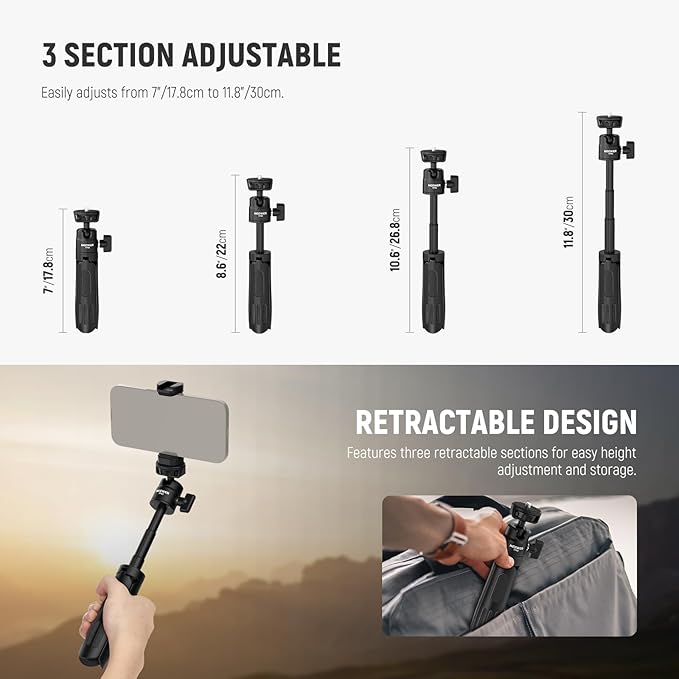 NEEWER Basics Mini Desk Selfie Stick Tripod Compatible with iPhone GoPro Insta360 DJI, Portable Small Camera Webcam Android Cell Phone Holder Ball Head Elevated Axis Video Recording Stand, TP43 Black