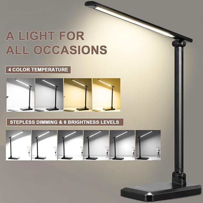 LED Desk Lamp with USB Charging Port Whole White for Home Office Essentials Table Lamp with Eye-Caring 4 Color Temperature Touch Control Stepless Dimming Desk Light for College Dorm