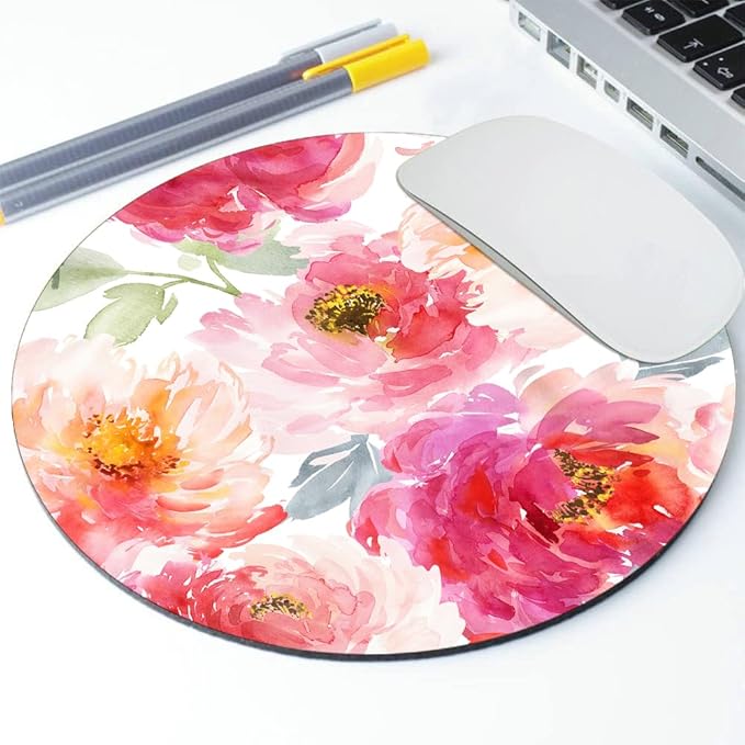 Pink Peony Flower Round Mousepad, Personalized Custom Design Mouse Pads，Cute Waterproof Circular Non-Slip Rubber Base Small Mouse Pad， Mousepad for Laptop Computers