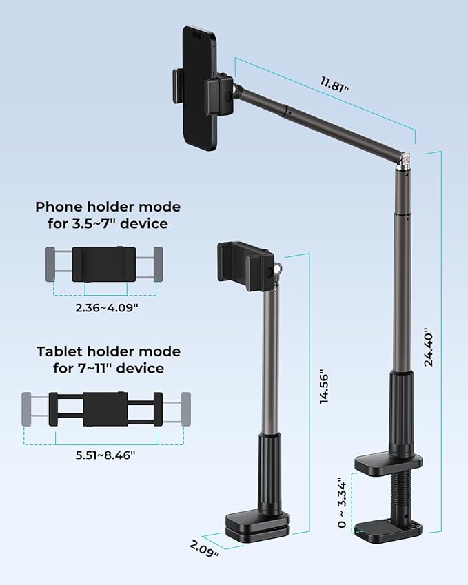 Viozon Tablet Holder Stand, Phone/Kindle Holder with Flexible Aluminum Alloy Long Arm, C Clamp for Headboard Bedside&Table, Compatible with 3.5-11" iPad,Kindle, iPhone 15 14 Plus/Pro Max,B