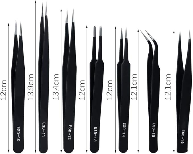 Precision ESD Anti-Static Tweezers, 7 pcs Stainless Steel Tweezers Set for Electronics, Jewelry-making, Laboratory Work, Repairing, Hobbies