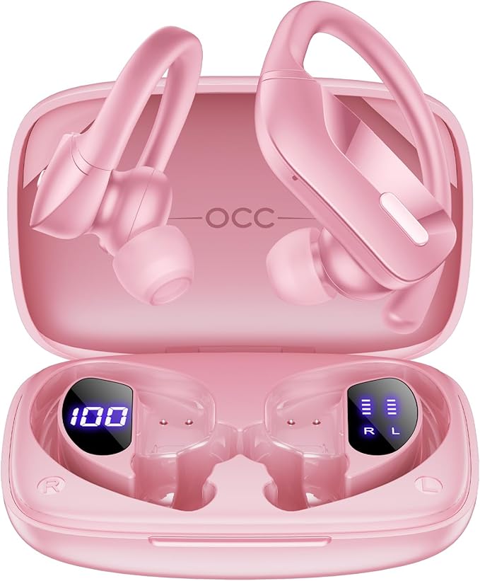 OCC Wireless Ear Hook Sport Earbuds, Bluetooth Headphones with Mic, IPX5 Waterproof, 80H Playtime Earphones, Pink