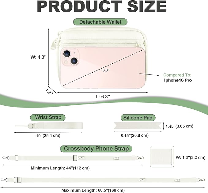 Clip and Go Strap for Phone with Wallet Crossbody, Adjustable Phone Lanyard with Detachable RFID Wristlet Wallet & Ultra-Thin 360° Rotatable Metal Tabs for All Smartphones (Cream)