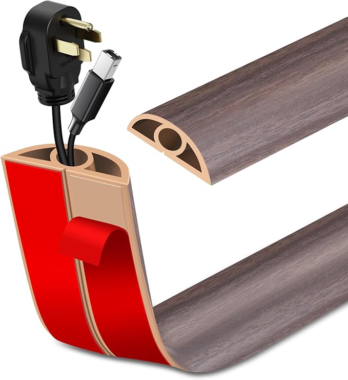 Floor Cord Cover Self Adhesive Cord Hider Floor Extension Cord Covers for Floor Power Cord Protector Cable Management Prevent Cable Trips Cable Cavity 0.32" W x 0.32" H (Brown Walnut Wood, 3.3Ft)
