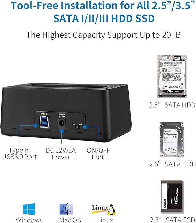 SSK USB 3.0 to SATA External Hard Drive Docking Station Enclosure Adapter for 2.5 & 3.5 Inch HDD SSD SATA, Super Speed up to 5Gbps, Support UASP no Drivers Needed(20TB Supports)