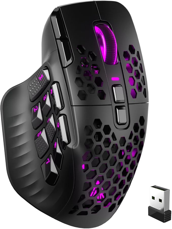 SM809 Pro Wireless MMO Gaming Mouse with 9 Side Buttons,24000 DPI,Triple Connectivity (2.4G/BT5.0/Wired) RGB MMO Mouse for Gamer,16 Programmable Macros,Up to 350H Battery Life,Black