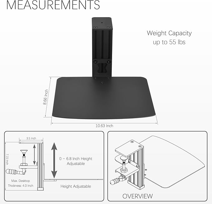 Metal Clamp-on Adjustable Computer Mouse Pad and Device Holder for Desks, Metal Computer Mouse Desk Mount Pad, 10.63" x 8.66" Ergonomic Desk Extender Tray, Fits up to 4 Inch Desktops, Black
