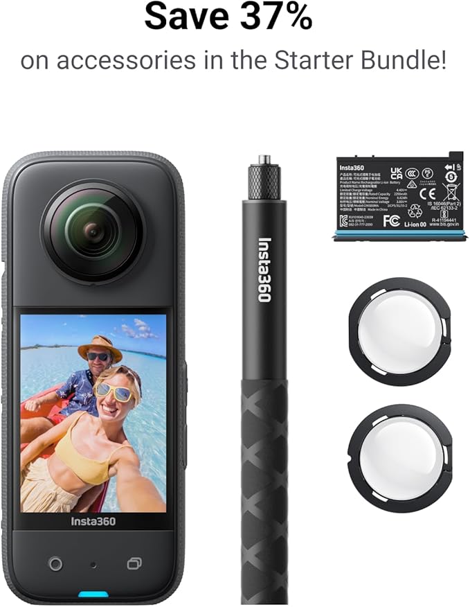 Insta360 X3 Starter Bundle - Waterproof 360° Action Camera with 1/2 Inch Sensor, 5.7K 360°, 72MP 360° Photos, Stabilisation, 2.29" Touch Screen, Vibration Feedback, AI Editing, Live Streaming