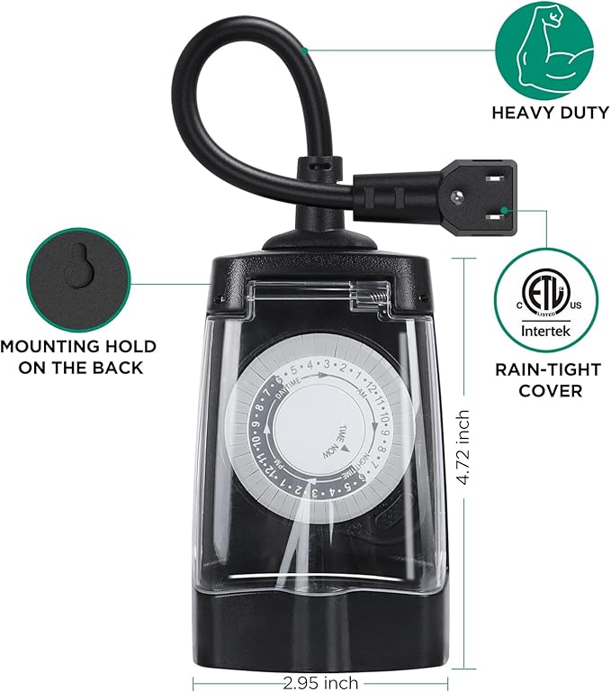 G-Homa 24 Hour Mechanical Outdoor Timer Outlet, Outdoor Timer for Lights, Waterproof, 2 Grounded Outlets, 15A 1/2HP, Heavy Duty, ETL Listed