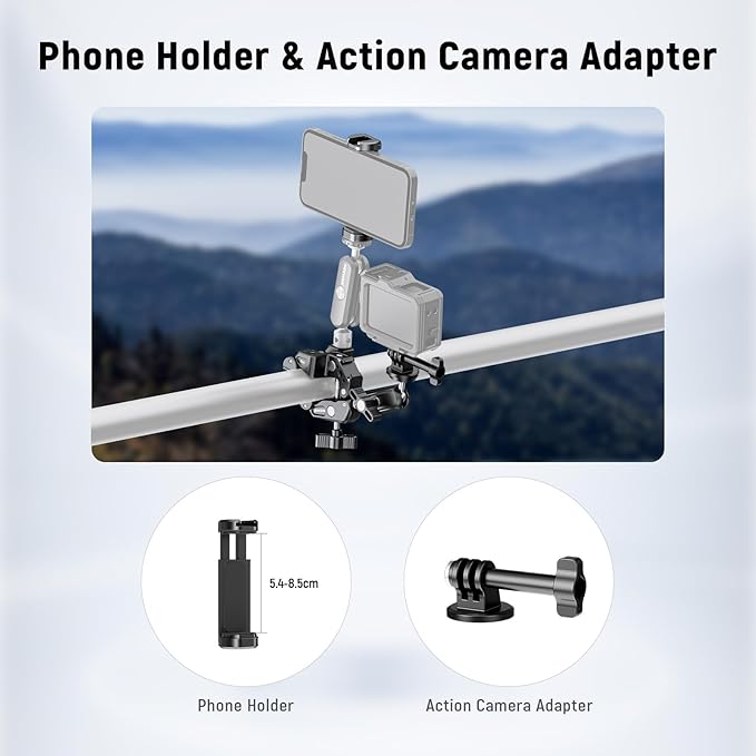 NEEWER Super Clamp with 3" Dual Ballhead Magic Arm, Camera Phone Clamp Mount with 1/4" 3/8" Threads, Cold Shoe, Phone Holder, Action Camera Adapter Compatible with GoPro DJI iPhone 16 15 Pro Max, ST88