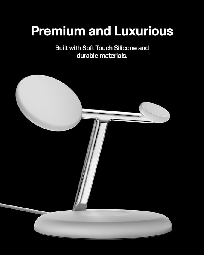 Belkin MagSafe-Compatible 3-in-1 Wireless Charger Stand 15W - Qi2-Certified Wireless Charging Station, Fast Charging of iPhone 16, AirPods, & Apple Watch - 36W Included - White