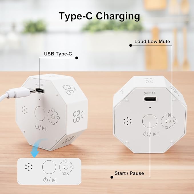 Rechargeable Pomodoro Timer, 8-Angle Auto-Rotating Screen with Gravity Sensor, Digital Timers for Classroom, Small Kitchen Timers for Cooking, Work and Study (Pearl White)