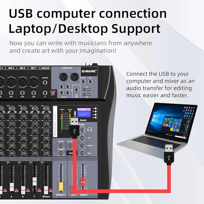 G-MARK MR80S Audio Mixer Interface USB Bluetooth Mixing Console 8 Channel 48V Phantom Power Sound Board Music Reverb For PC Stage DJ Studio Sound Controller Analog Mixer