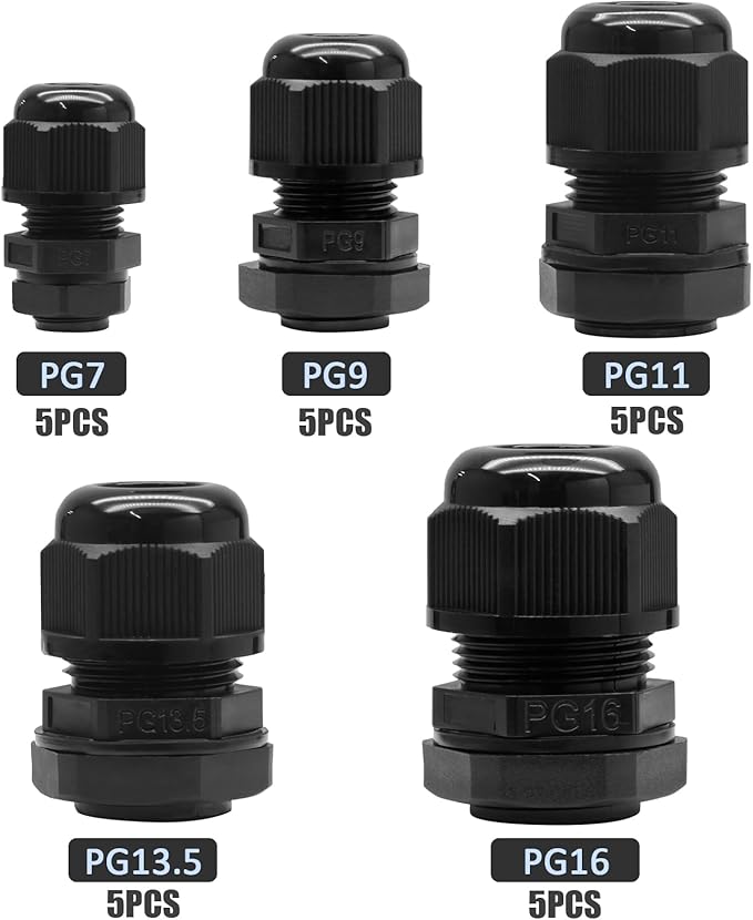 25 Pcs Nylon Cable Glands, PG7 PG9 PG11 PG13.5 PG16 Strain Relief Cable Cord Connector IP68 Waterproof Junction Box Wire Protectors Adjustable for 3-13mm Cable Diameter