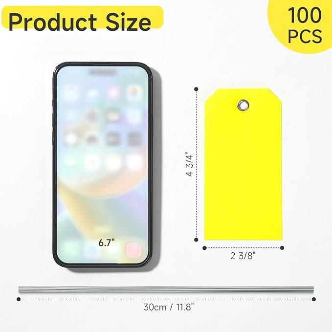 100Pcs Shipping Tags with Wire Ties Plastic Hang Tags for Labeling Blank Tags with Holes Waterproof Equipment Moving for Outdoors Auto Parts Luggage Garage Inventory(Yellow, 4 3/4" x 2 3/8")