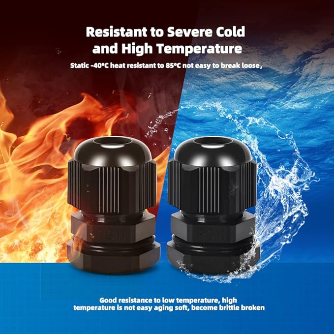 Cable Gland 20 Pack Plastic Waterproof Adjustable Connector 5-10mm PG11 Strain Relief Cord Connectors Joints Nylon with Gaskets