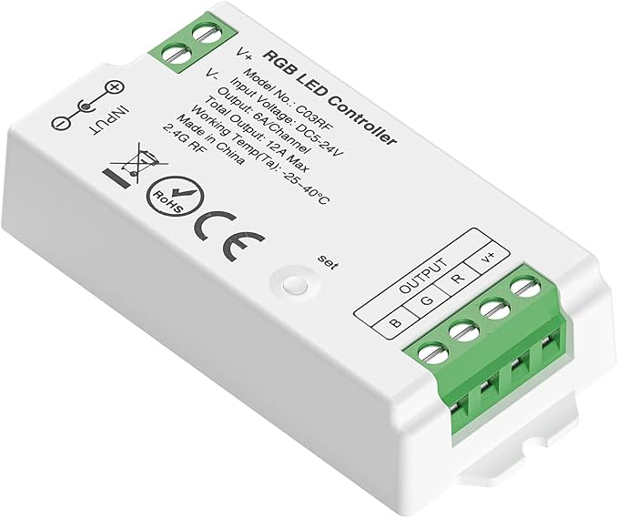 BTF-LIGHTING C03RF Tuya Controller Support PWM 5050SMD FCOB COB RGB (+ R G B) 4pin LED Strip String Support with WR01RF RC03RFB RF Remote DC5V/DC12V/DC24V Max 12A Indoor Use Only(NO Remote NO Power)