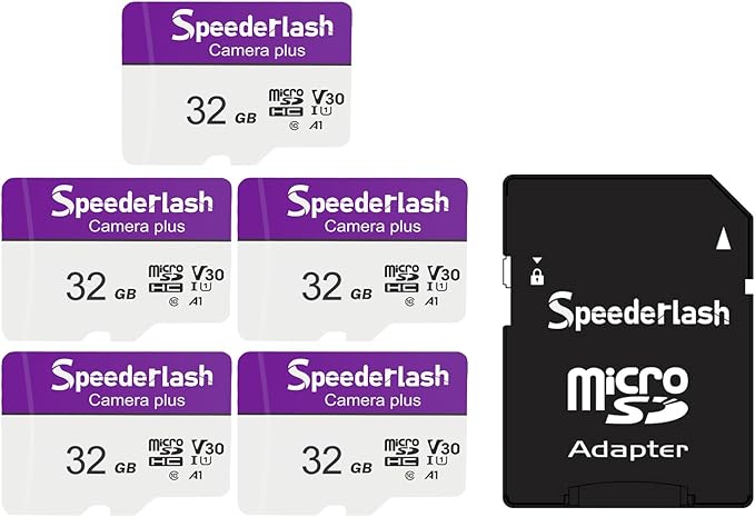 Micro SDXC Memory Card 32GB 5 Pack, Speederlash Camera Plus TF Card with Adapter, 90MB/s Read Speed, 4K UHD&5K Video Support, U1 V30 A1 Rated, for Security Camera, Smartphone, Drone, Tablet, PC
