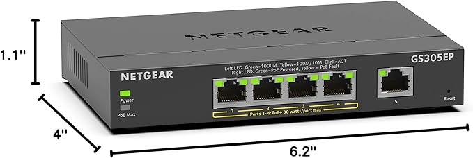 NETGEAR 5 Port PoE Gigabit Ethernet Easy Smart Managed Essentials Switch (GS305EP) - with 4 x PoE+ @ 63W, Desktop or Wall Mount