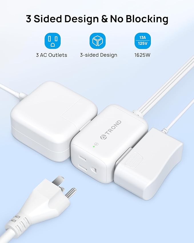 TROND 360° Rotating Flat Plug Extension Cord Surge Protector 6ft, Small Power Strip with 900 Joules, 3 Side Grounded Outlets, 13A, SPT 16/3 Gauge Wire, for Indoor Home Office Dorm Room Travel, White