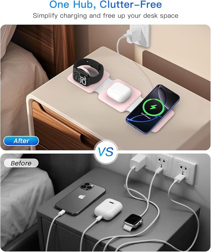 Charging Station for Apple Multiple Devices: 3 in 1 Foldable Magnetic Wireless Charger Stand - Travel Charging Dock Compatible with iPhone 16 15 14 13 12 Pro Max Plus Apple Watch AirPods