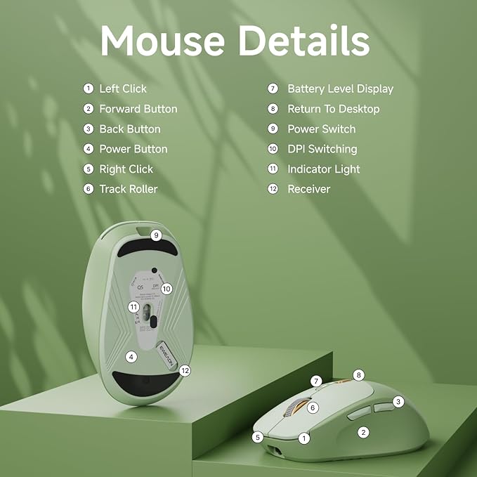 EWEADN Q5 Wireless Mouse, Bluetooth & 2.4G Quiet Computer Mouses with 1600 DPI, Battery Level Display, Ergonomic Office Mouse,6 Button Portable Cute Cordless Mice for Laptop/PC/Mac- Green