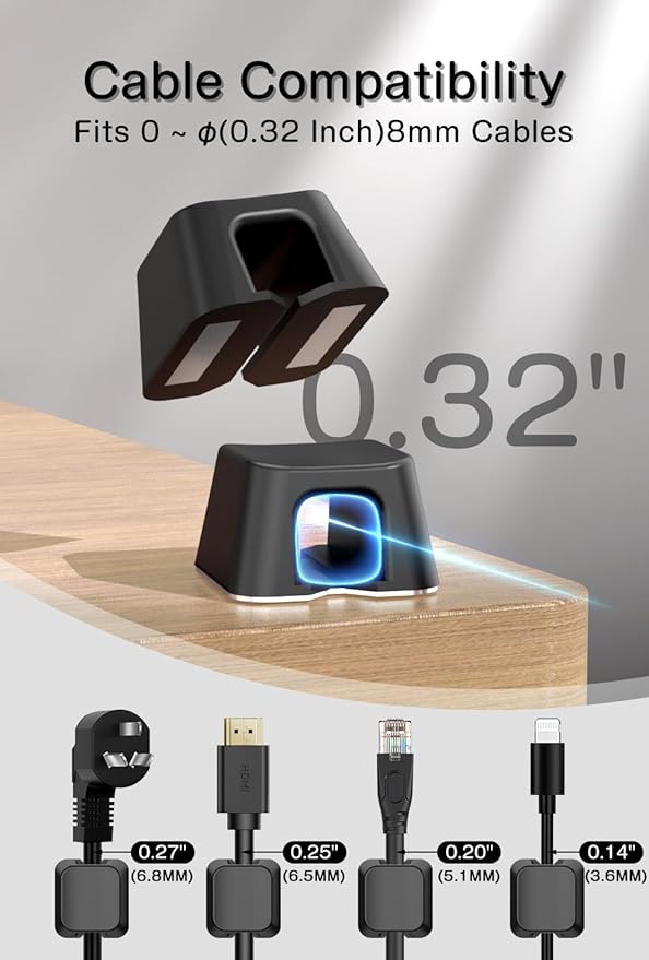 Viaky 8 Pack Magnetic Cable Clips, Large Size Under Desk Cable Management, Workspace Charger Organizer,Cord Holder with Adhesive Metal Disc, Office Desk Accessories for Nightstand Car Wall (Black)