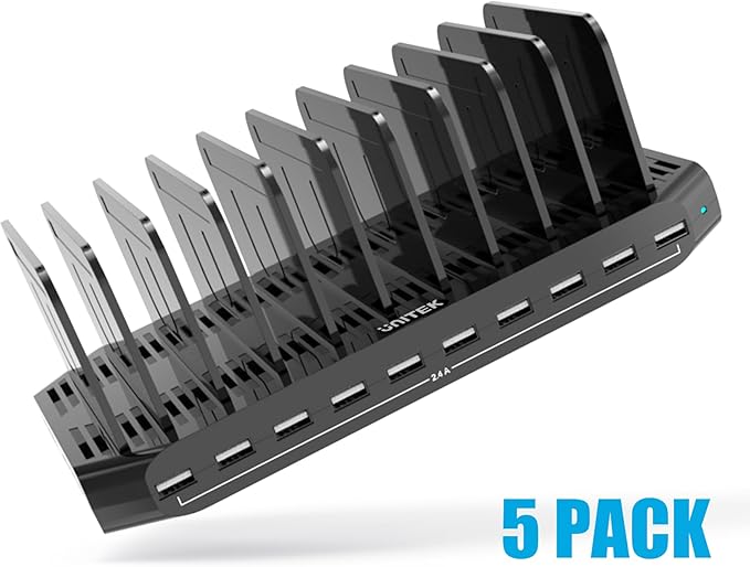 【5PCS】 Unitek USB Charging Station, 10 USB Fast Ports Charge Docking Station and Adjustable Dividers, Multi Device Charger Organizer Compatible with iPad, iPhone, Tablet and Cell Phone - 5PCS, Black