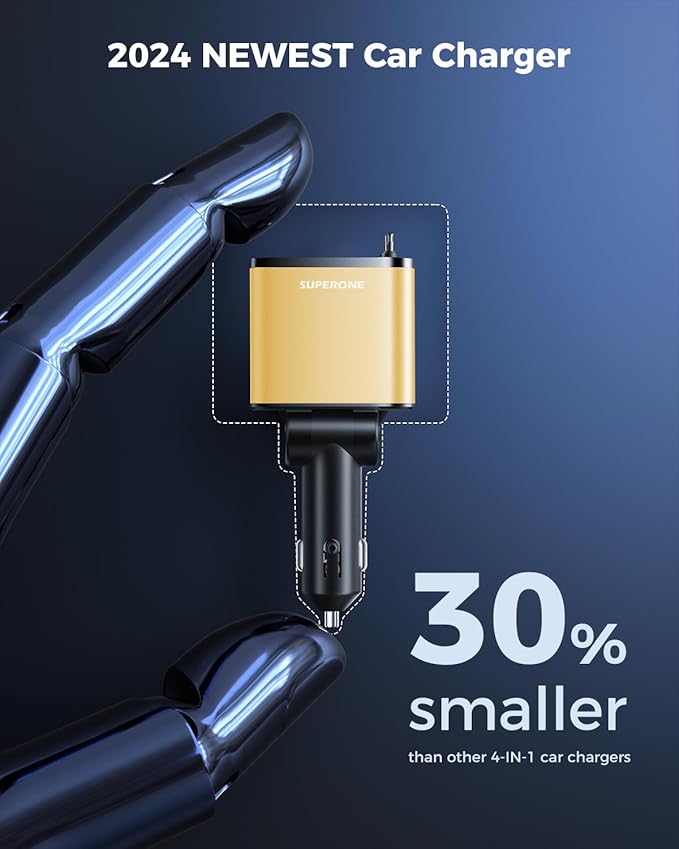 [2024 Upgraded] 4 in 1 Retractable Car Charger, SUPERONE Smaller Fast Car Phone Charger 69W with Cord, USB C and iPhone Car Charger Adapter, Compatible iPhone 15/15 Pro Max/14/13/12/11, Sumsung