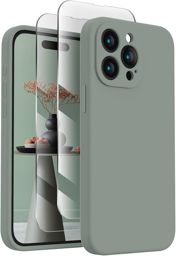FireNova Designed for iPhone 15 Pro Case, Silicone Upgraded [Camera Protection] Phone Case with [2 Screen Protectors], Soft Anti-Scratch Microfiber Lining Inside, 6.1 inch, Calke Green