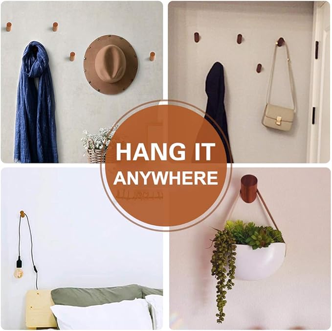 Wood Wall Hooks, 4 Pack Coat Hooks Wall Mounted, Rustic Wooden Heavy Duty Robe Hook Hat Rack, Hooks for Hanging Bathroom Towels Clothes Hanger (Walnut Wood)