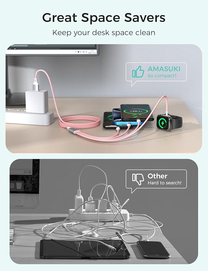Travel Essentials Multi Charging Cable for Watch Charger 4 in 1 Fast Charger Camping Essentials USB C/L/Micro Compatible with Watch Series 10-1/SE/Ultra Phone 16 15/Galaxy Android-4FT/Pink