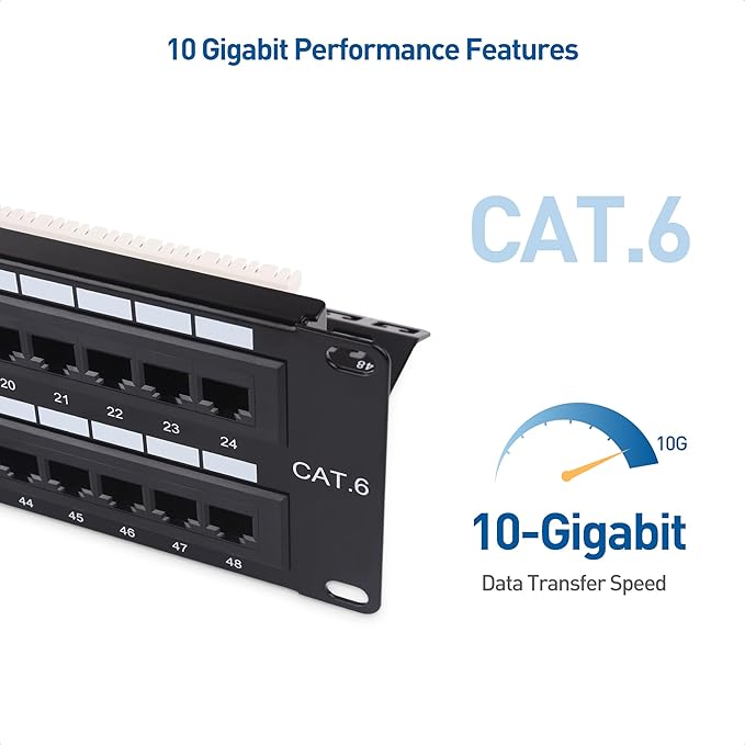 [UL Listed] Cable Matters 48 Port Patch Panel Rackmount or Wall Mount 19-Inch with Support Bar, 2U Cat6 Network Patch Panel for 10 Gigabit Ethernet, 110 or Krone Impact Tools Compatible