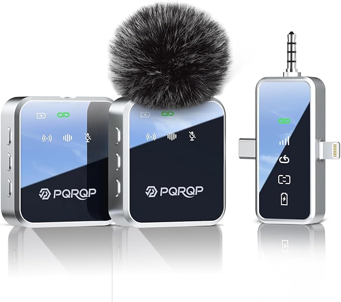 PQRQP 3 in 1 Mini Microphone for iPhone, Android, Camera | 328ft Range & 18H Battery | Noise-Canceling Mini Mic for Interviews, Content Creation, TikTok (Metallic Silver)