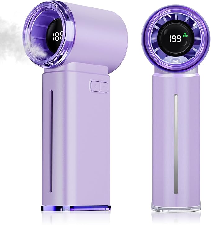 Portable Misting Fan - Mini Handheld Fan - 5000mAh Rechargeable Personal Mister Fans with Digital Display, 1-199 Speeds Adjustable, Birthday Gifts for Women Men Travel/Outdoor/Home/Office (Purple)