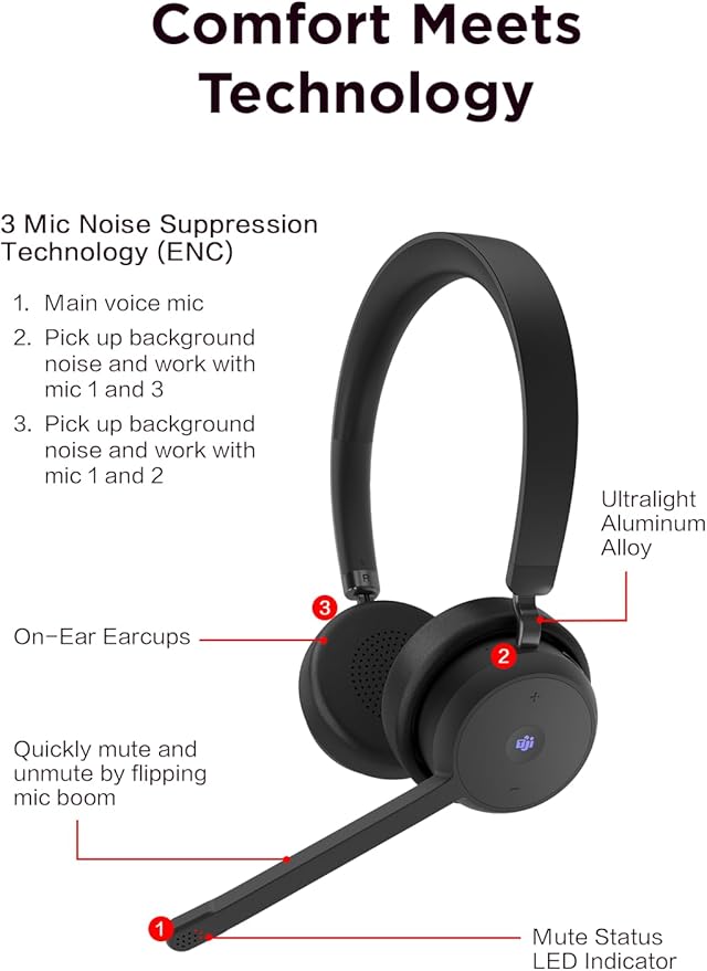 Lenovo Wireless VoIP Headset Teams Certified, Noise-Canceling Mic, Bluetooth 5.3 Multipoint, USB-A Receiver, 31-Hour Talk & 60-Hour Playback, Lightweight Over-Ear Design, Replaceable Earcups
