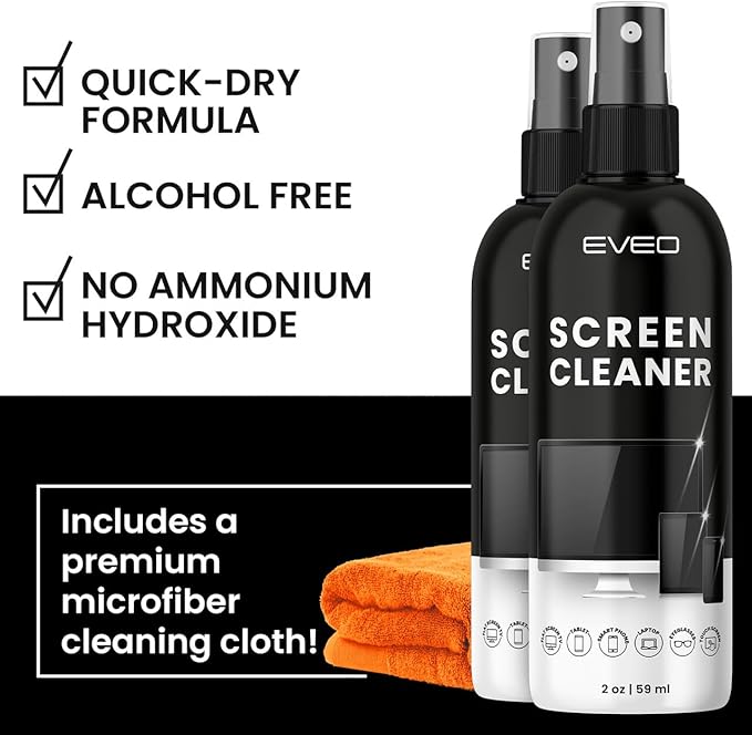 Screen Cleaner Spray - TV Screen Cleaner Spray and Microfiber Cloth kit, Computer Screen Cleaner & Car Screen Cleaner for TV, Monitor, Laptop, MacBook, iPad, iPhone and Electronic Devices - 2 Pack