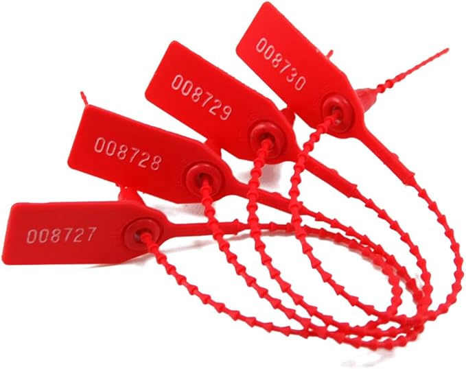 Leadseals(R) 100 Plastic Tamper Seals, Zip Ties for Fire Extinguishers Pull Tite Security Tags Numbered Disposable Self-Locking Tie 250mm Length (Red)