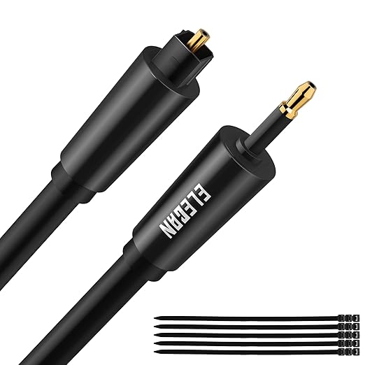 Elecan Mini Toslink to Toslink Digital Optical S/PDIF Audio Cable 35 Ft, Gold Plated Soft Flexible Fiber Optic Cable,Signal Protection PVC,Surround Sound for Soundbar,Home Theater,Hi-Fi System+Ties MI