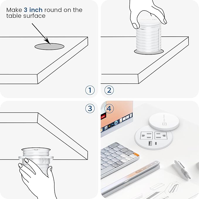 Recessed Power Grommet 3-inch Hole, 15W Wireless Charger, 20W USB C Fast Charging Station,2 AC Plug, Flush Mount Countertop Outlet, Workspace Essential Desk Hole Cover for Cables White