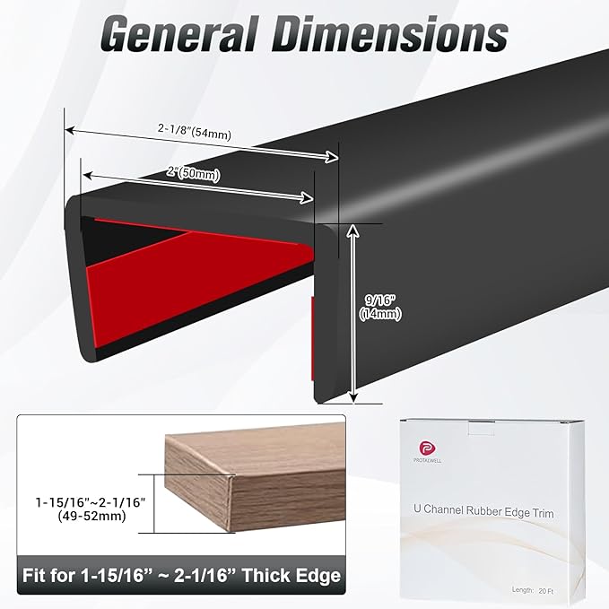 Rubber Edge Trim, 2 inch Wide U Channel Edge Trim, Big Size U Shaped Trim, Self Adhesive Edge Banding for Plywood, Woods, Doors, Shelf, Cabinet, Countertop, Length 20Ft, Black