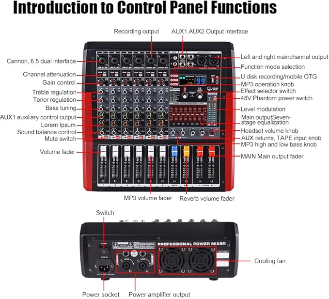 TF600 6-Channel Professional Mixer with Bluetooth Sound Bar with Power Amplifier 2 * 450W Power Output Powered Mixer, 7-Stage Equalizer, 99 DSP Effects, Recording Input USB Drive for Speakers