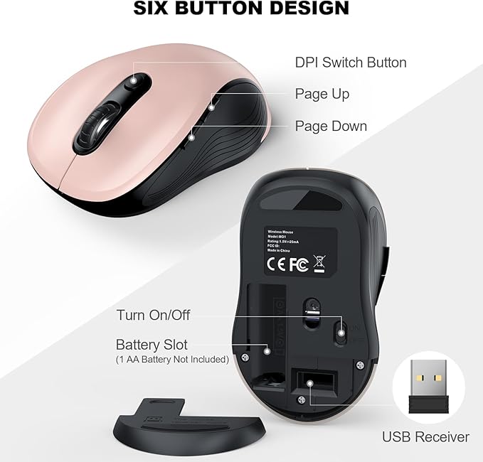 WisFox 2.4G Wireless Mouse for Laptop, Ergonomic Computer Mouse with USB Receiver and Type-C Adapter, 3 Adjustable Levels DPI, 6 Button Cordless Wireless Mice (Pink)