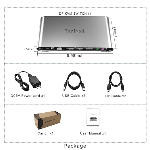 2 Port DP USB 3.0 Automatic KVM Switch Two Computers 1 DisplayPort Monitor switcher, 8K@30Hz 4K@144Hz, Aluminum hotkey Audio mic, Digital Display, HDR10 with Cables