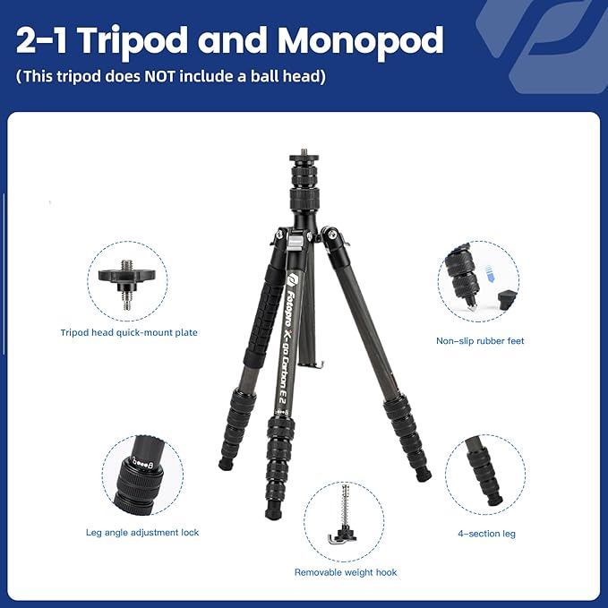 Fotopro 59” Carbon Fiber Travel Tripod, 2 in 1 Lightweight Monopod Tripods, Professional Compact Tripod for DSLR Camera, Load up to 17.6lbs(8kg)