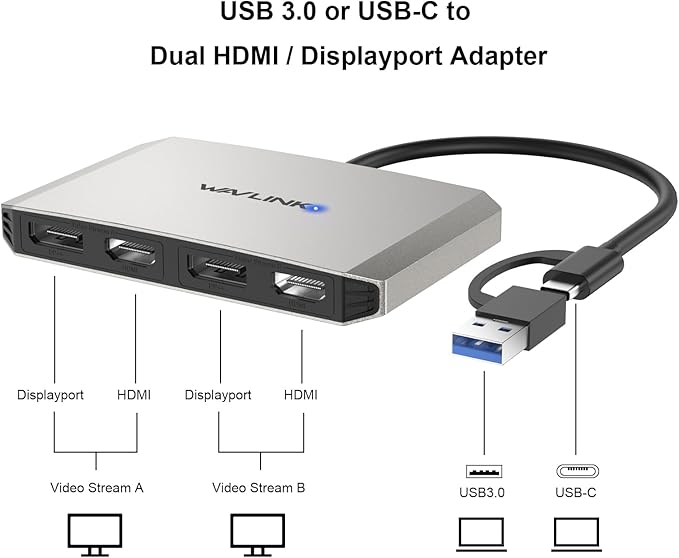 WAVLINK USB C and USB 3.0 to Dual 4K DisplayPort/HDMI Adapter, Displaylink Monitor Splitter Extended Display for Dual Monitor 4K@60Hz, HDMI/DP Splitter Compatible with Mac M1-M4,Window Laptop-Silver